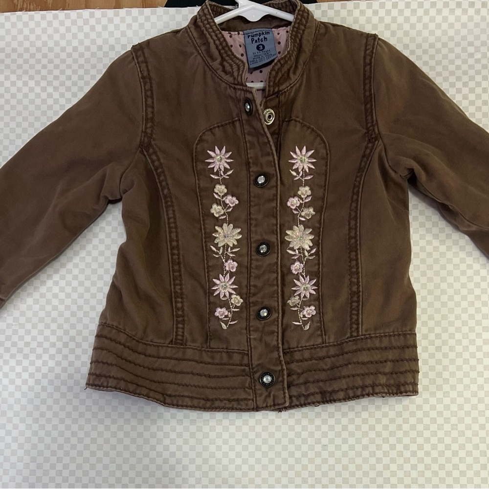 Pumpkin Patch Floral Embroidery Jacket‎ Girl’s 3TButton Up Cotton Brown &pink